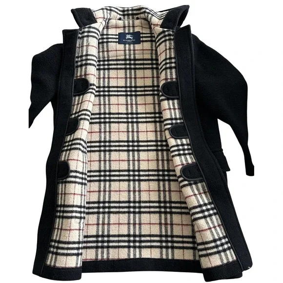 Vintage Burberry London Duffle Coat UK 10 Black Wool Hooded Toggle Nova Check 99 - Picture 10 of 16